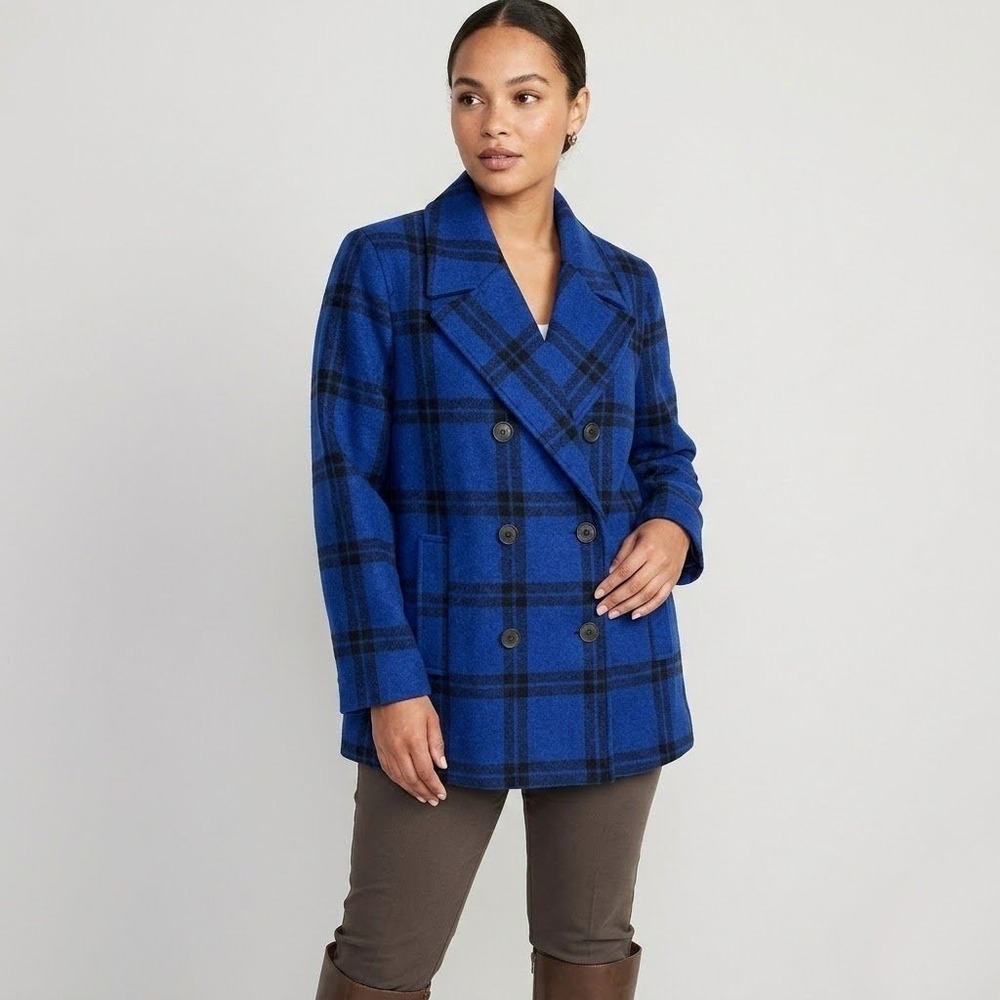 Old Navy Plaid Pea Coat Womens Large Blue Black Double Breasted Wool Blend Check